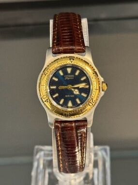 Citizen Ladies Watch Blue Dial WR100 Gold Tone Bezel Quartz New Battery Runs